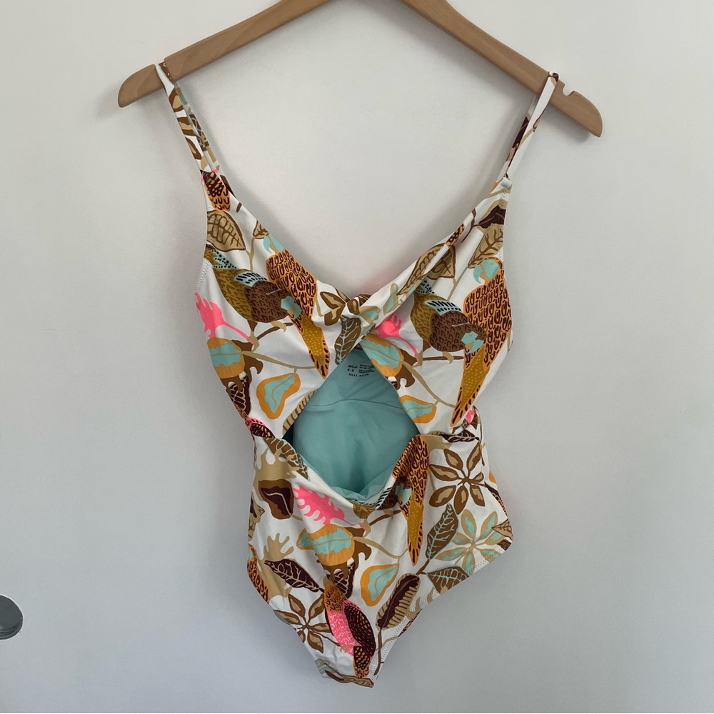 aerie One-Piece Swimsuit in White, Brown, Aqua & Pink Floral Print